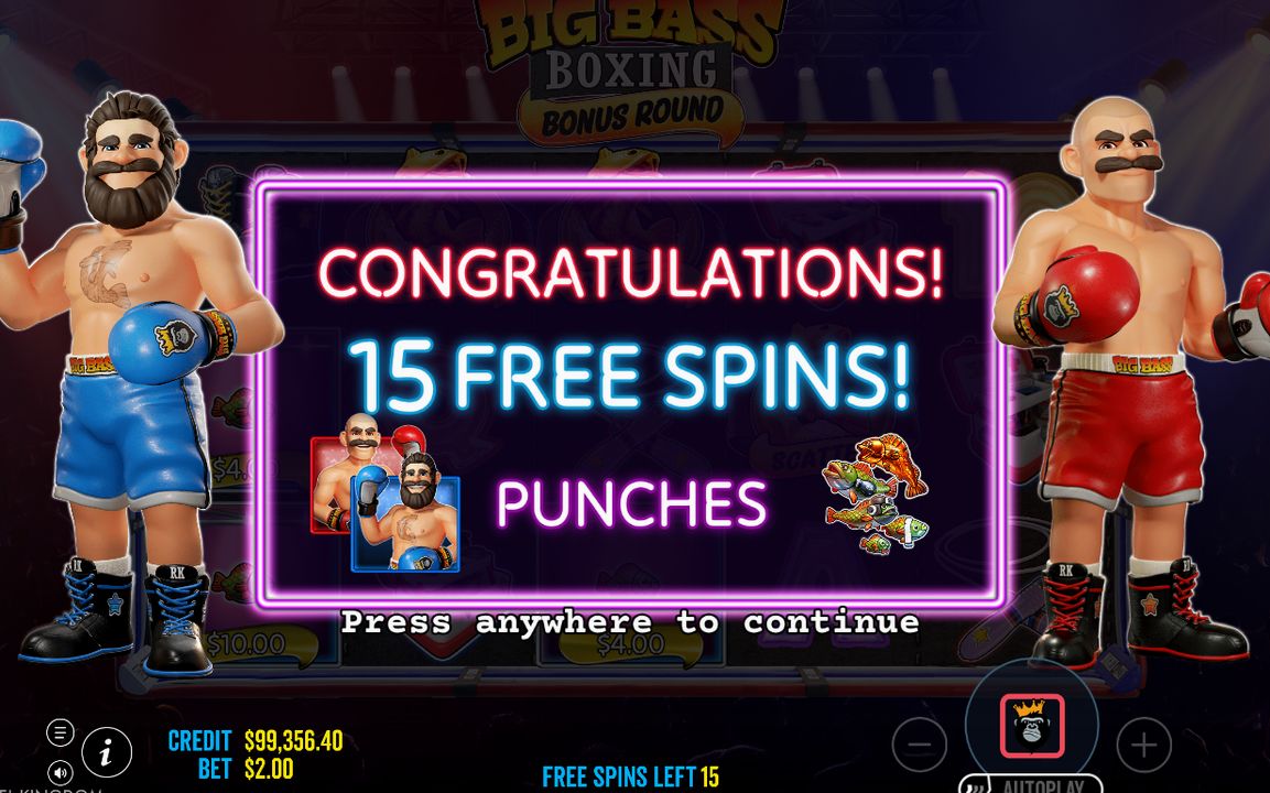 Free-Spins-Ansicht mit Blue- und Red-WILD-Boxern auf den Walzen